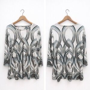 Chicos Easywear Womens Size 2 Large Grey Abstract 3/4 Sleeve Knit Top